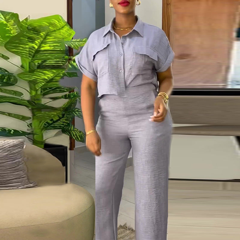 Ready-to-ship cross-border european and american women's clothing:  summer new arrivals, casual collared short-sleeve shirt and wide-leg pants fashion set