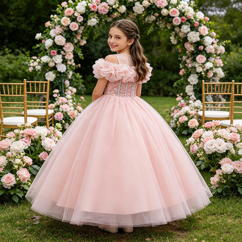 fashion style girl dress long flower girl dress wedding dress catwalk piano performance girl birthday princess dress
