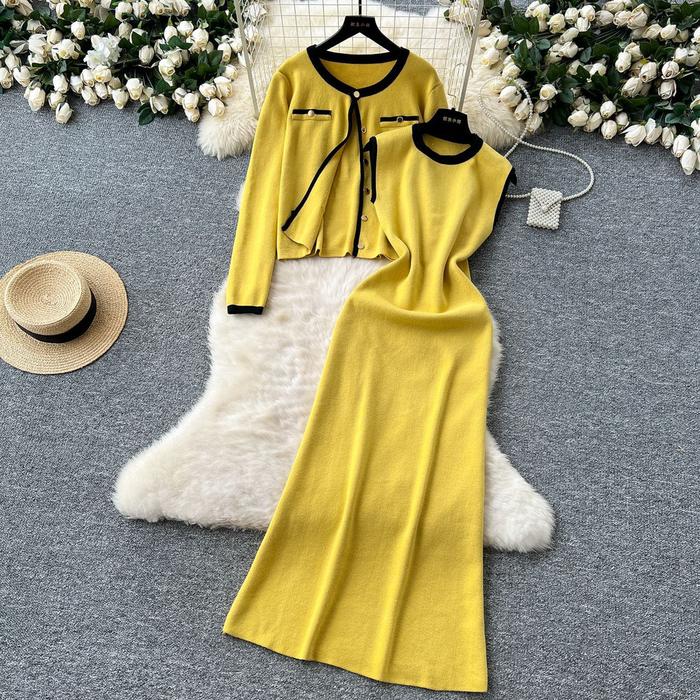 Xiaoxiangfengtwo-piece set women's fall and winterclassyeasiest for match round neck knittingcardiganoutwear + sleeveless vest dress