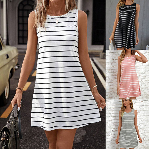 's new striped skirt casual home medium and long A-shaped skirt loose round neck breathable sleeveless dress