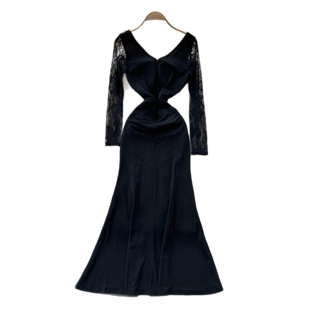 Elegant women's french-style high-end beaded v-neck lace long-sleeve patchwork waist-tie slit dress