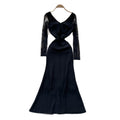 Elegant women's french-style high-end beaded v-neck lace long-sleeve patchwork waist-tie slit dress