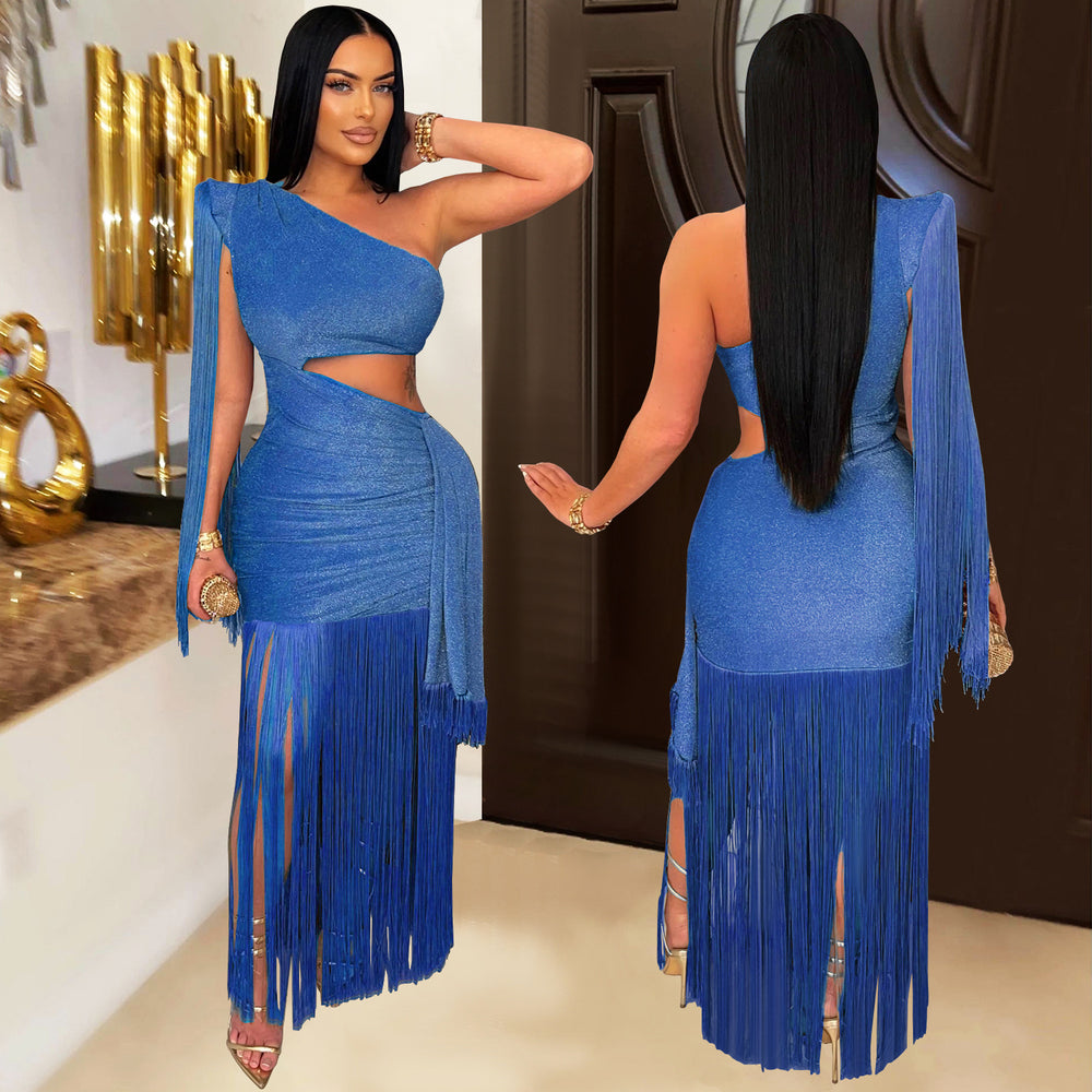 C7428 cross-border   fashion women's sexy casual one-shoulder tassel maxi dress