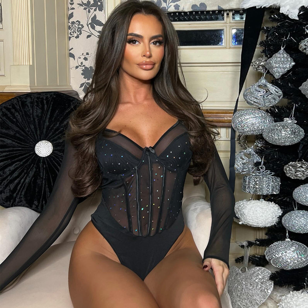 Black classic women's clothing, little flash sequins, royal sister, premium long-sleeved onesie, European and American popular  women 3690