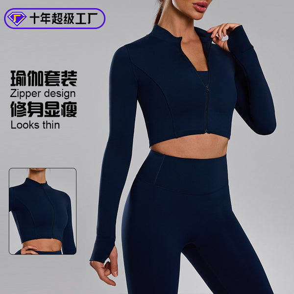 New seamless cardigan zipper long-sleeved yoga suit women's four seasons fitness running sports suit tight sports two pieces