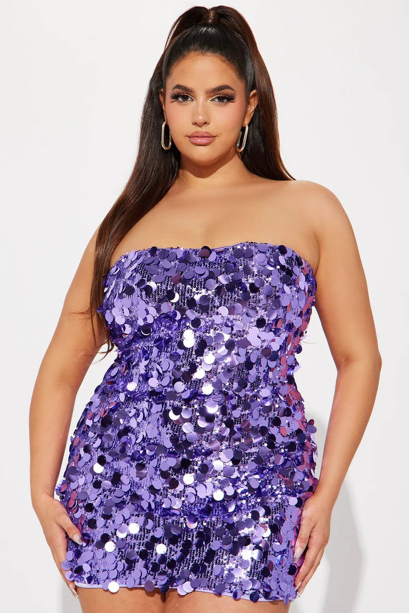 European and american cross-border women's fashion:  autumn hot-selling solid color sleeveless bandeau off-shoulder sexy sequin bodycon dress