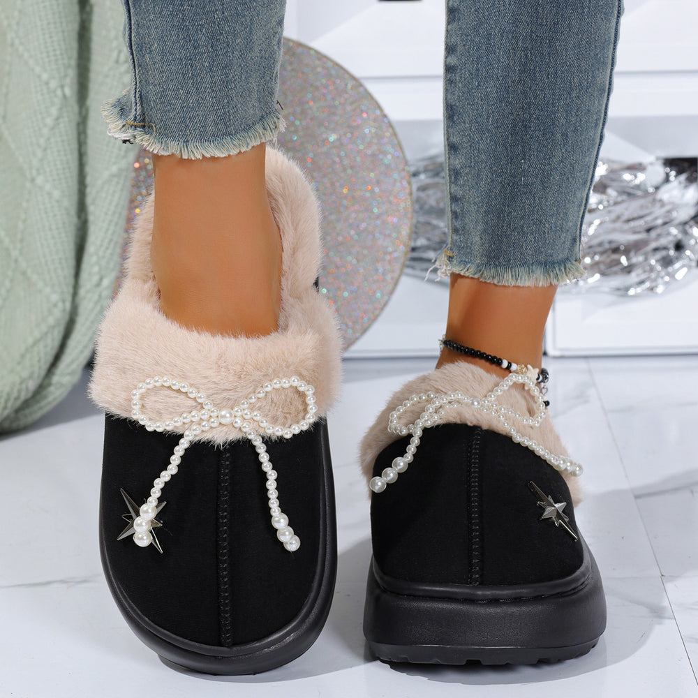 Fleece-linedthickenedheattech cotton slippers for women new arrival pearl bowsoutwear home indoor soft bottomstuffed cotton slippers
