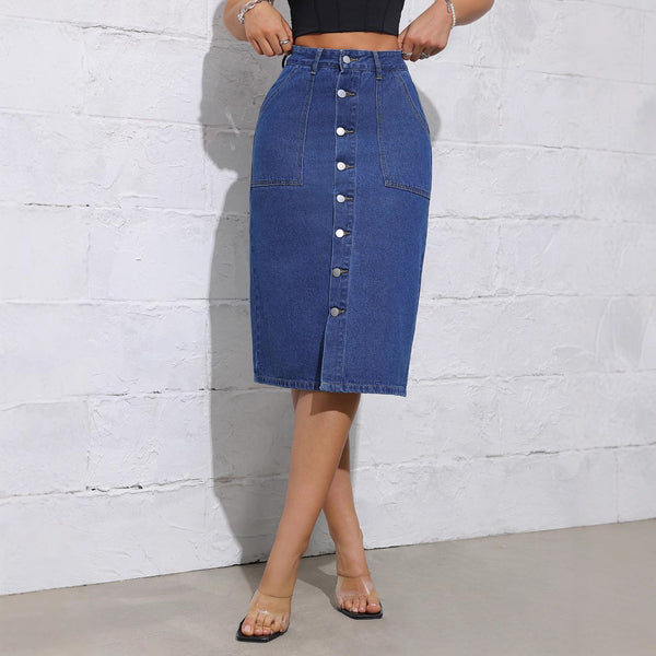 Cross-border high-waisted tight-fitting elastic medium and long denim skirt, thin bottom, knee-wide split, one-step hip-wrapped skirt