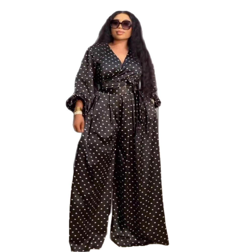 European and american cross-border women's fashion:  summer new collection - stylish v-neck tie-up polka dot cropped top and wide-leg pants set