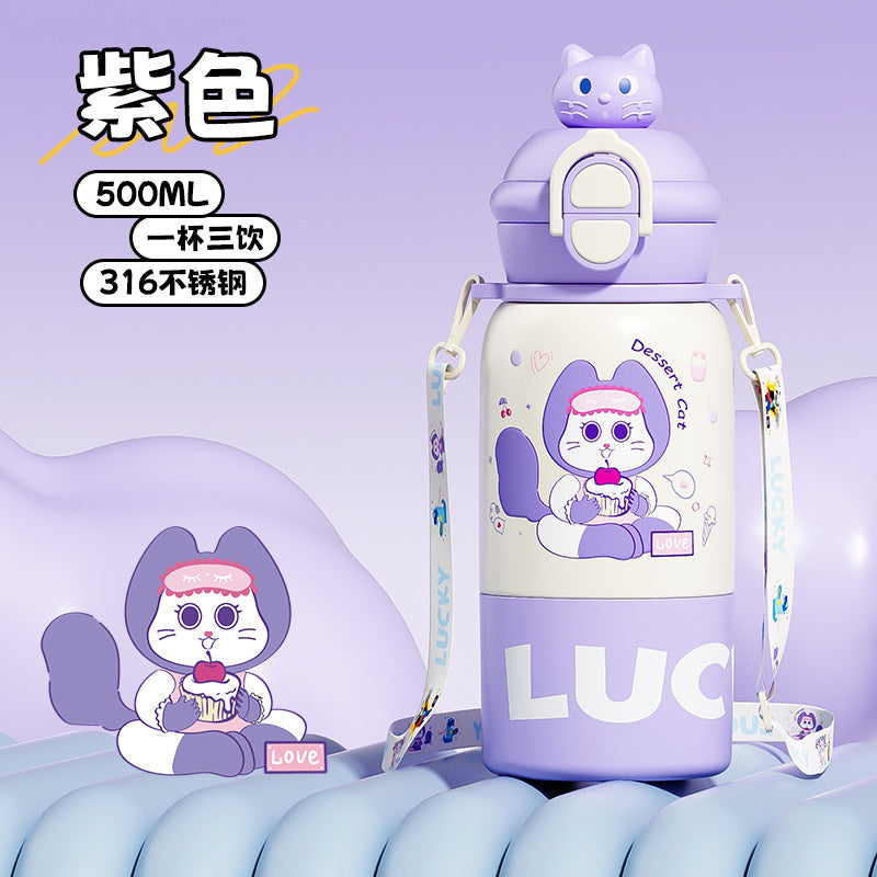 Cartoon character kids' thermos cup - 316 stainless steel, food-grade, student straw water bottle, portable dual-drink children's mug