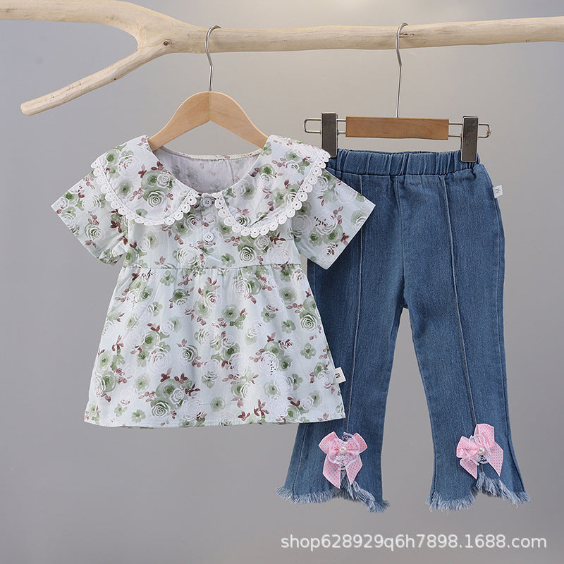 Floral print short-sleeve summer outfit for girls (0-4 years) - includes blouse with shoulder ruffles and denim pants