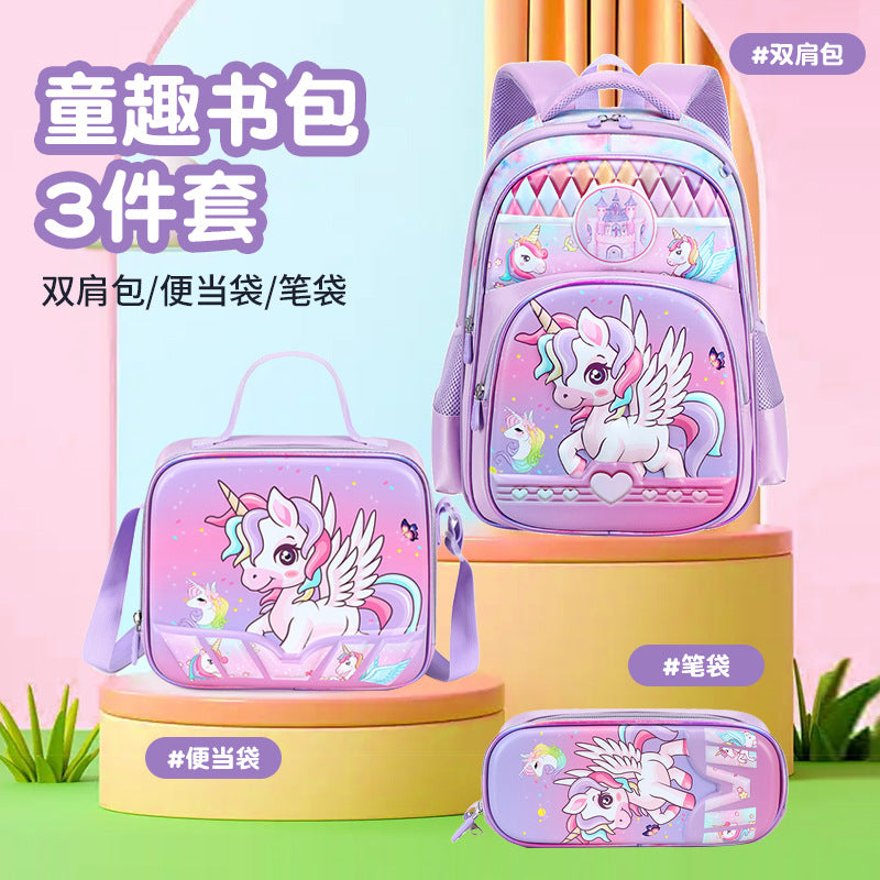 New unicorn trolley backpack set for elementary school students - cute cartoon design, three-piece set, large capacity, unisex