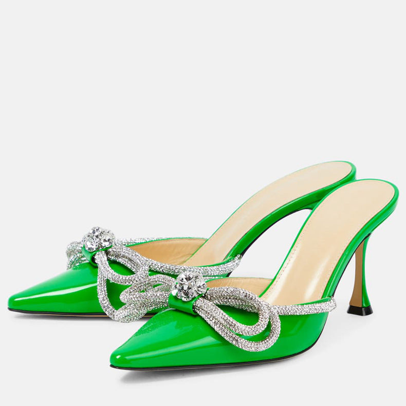 Spring/summer new arrivals: metallic rhinestone high heel slippers, stiletto heel, bow accent, pointed toe high heel sandals, closed-toe, cross-border european and american style