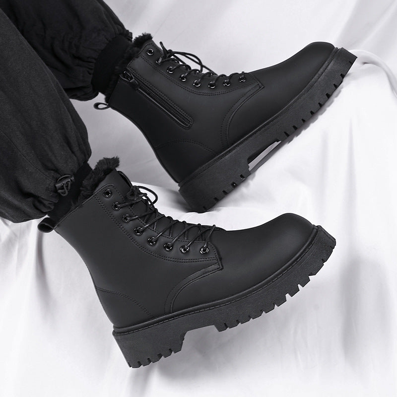 Boots men's new arrivalwinter black british style motorcycle zipper workwear boots high-top fleece-linedheattechcasual leather boots
