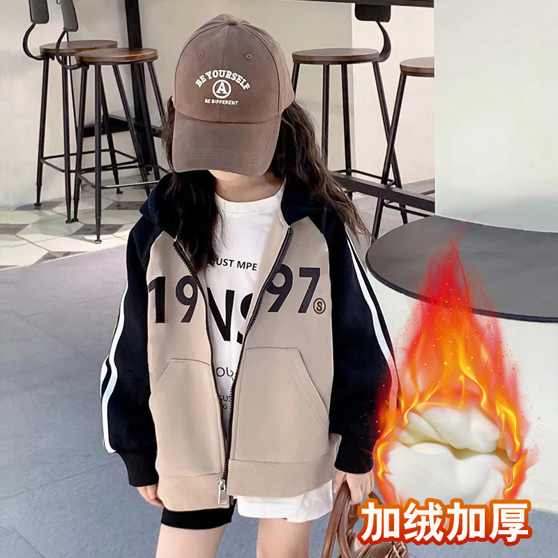 Girls' fall sweatshirt  new stylish children's autumn and winter hooded fleece-lined kids' top, girls' spring and autumn style (big girls)
