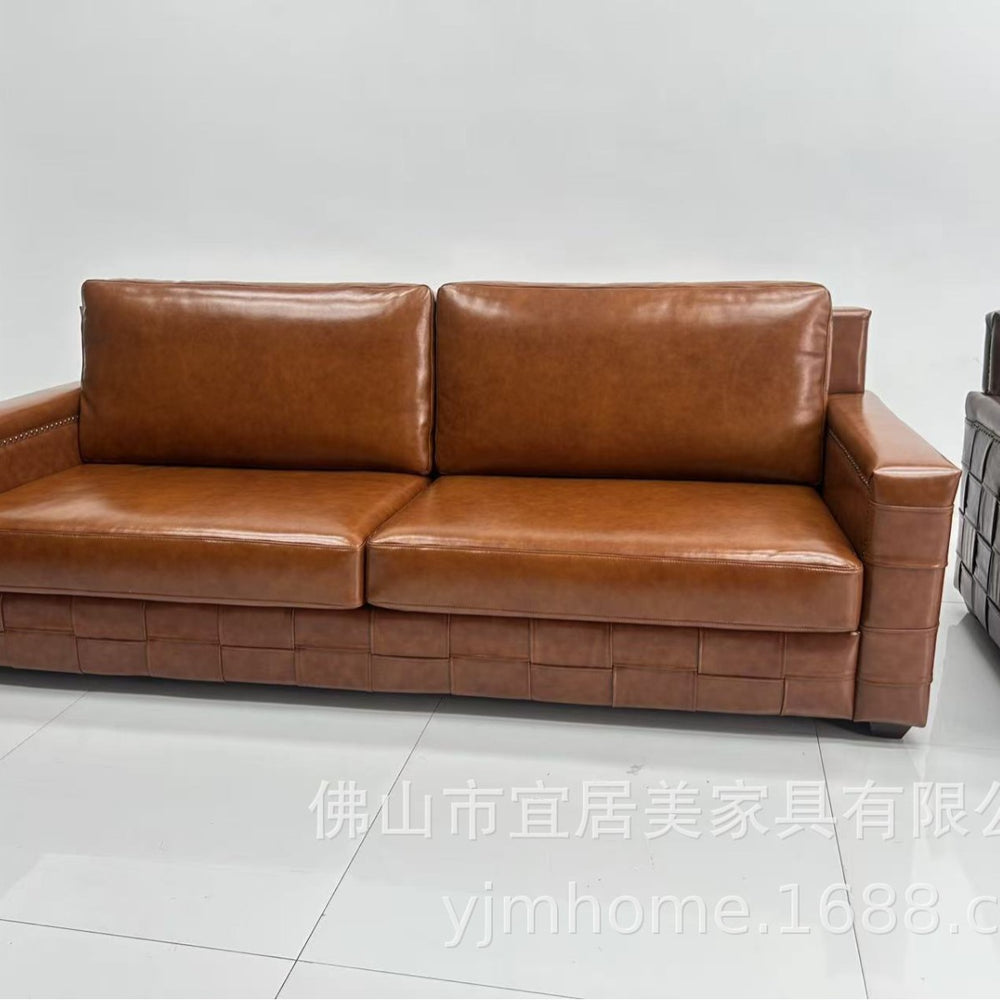 Vintage-style oiled leather checkered sofa, retro leather art sofa, designer living room straight three-seater sofa