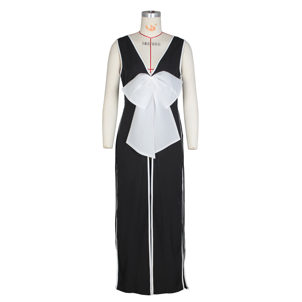 Sexy women's v-neck maxi dress with large bow and high slit - hot-selling women's apparel on  cross-border e-commerce
