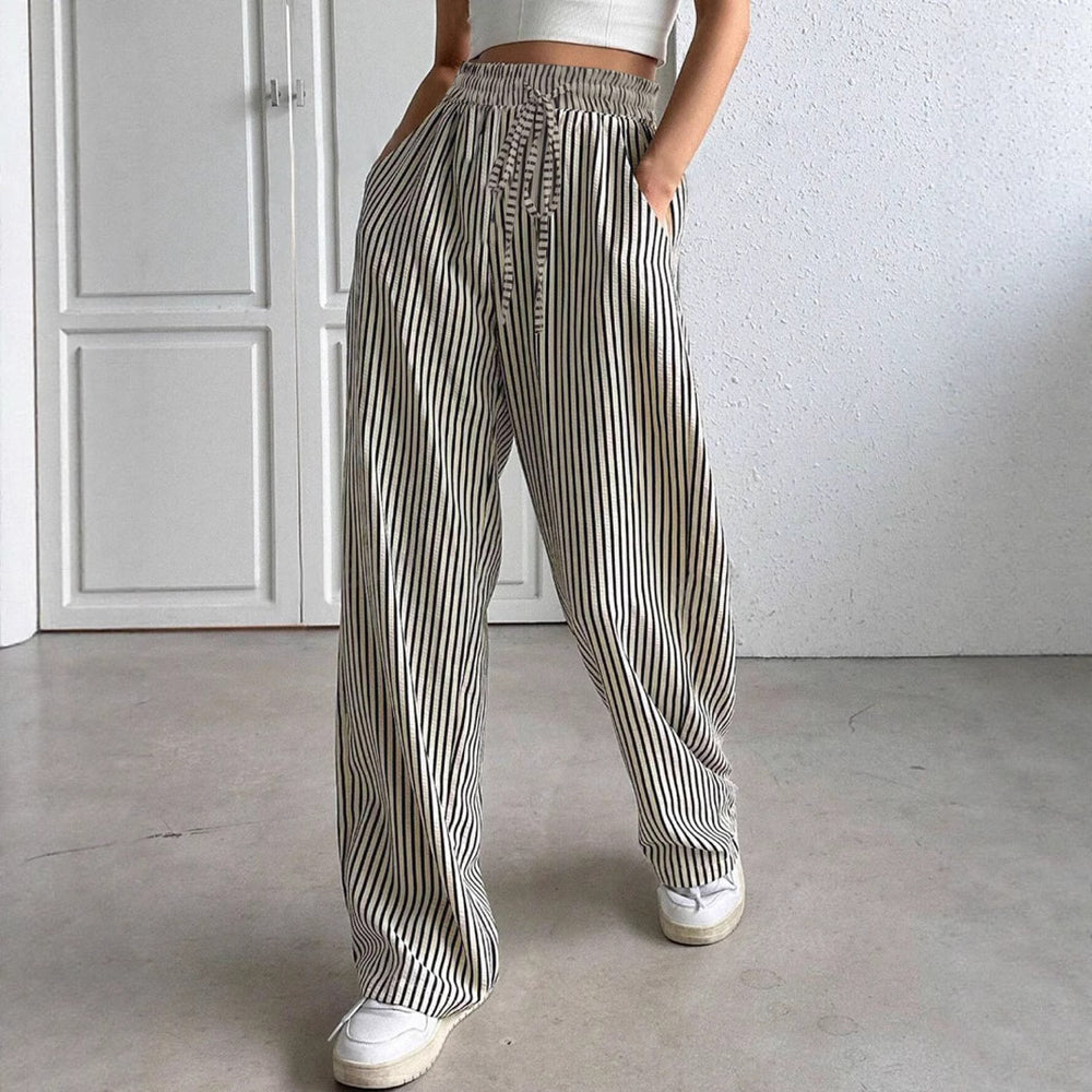 2025 european and american cross-border amazon new striped wide-leg pants drawstring pocket casual trousers straight-leg women's pants
