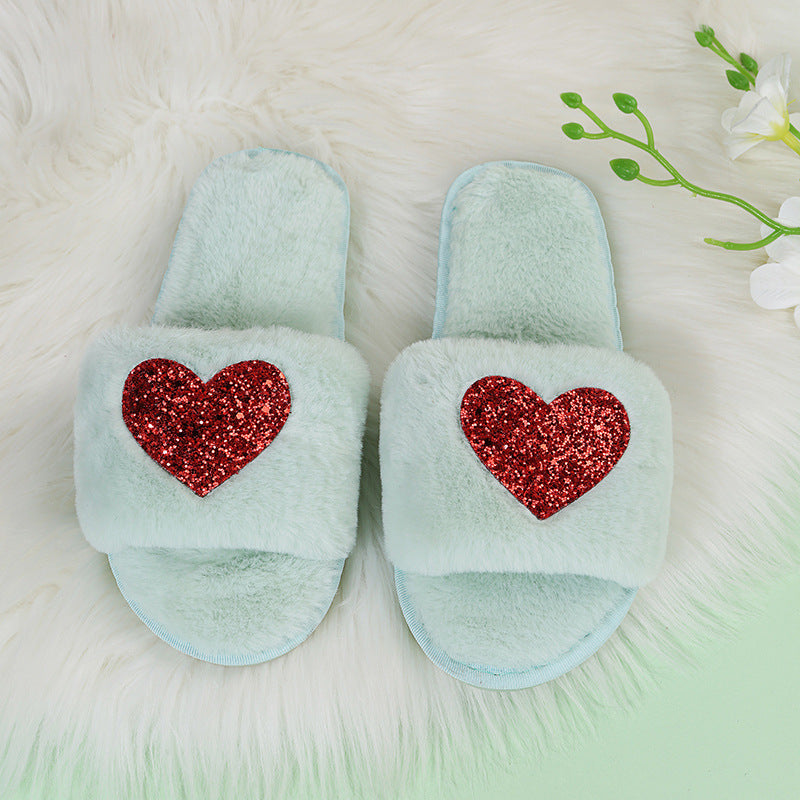 2024new arrival women's plus size fur slippers autumn winter one-piece flat heel open toe popularfashionheattech heart-shaped slippers