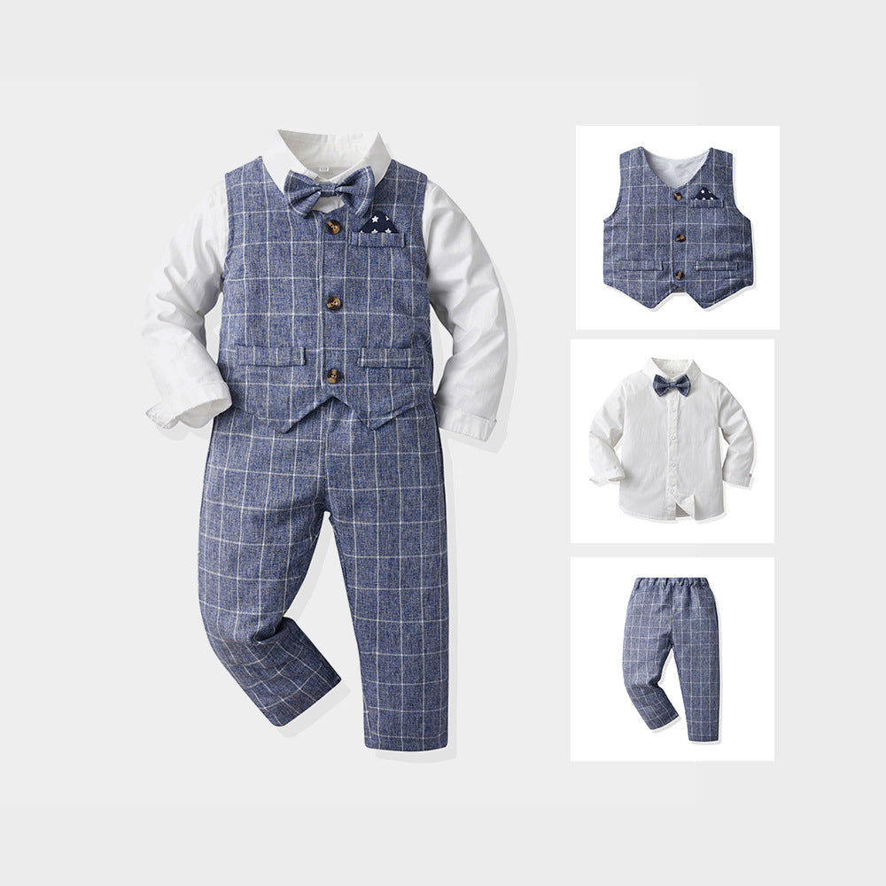 Wholesale children's clothing from export manufacturers: british gentleman style three-piece set for boys, spring and autumn collection