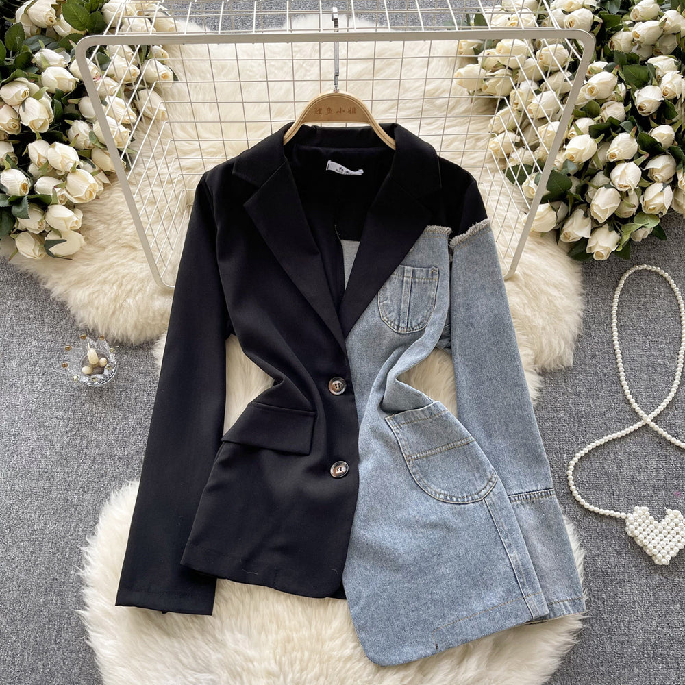 Luxury european and american style blazer for women - irregular patchwork denim design, statement piece, powerful and chic top, trendy