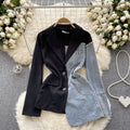 Luxury european and american style blazer for women - irregular patchwork denim design, statement piece, powerful and chic top, trendy