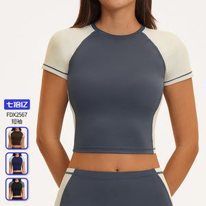 color block t-shirt raglan sleeve crew neck activewear short sleeve outdoor running fitness yoga top women's 2567