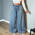 Fashionjeans women's elastic waist drawstring wide-leg jeans light blue washed loosedrapedmoppants