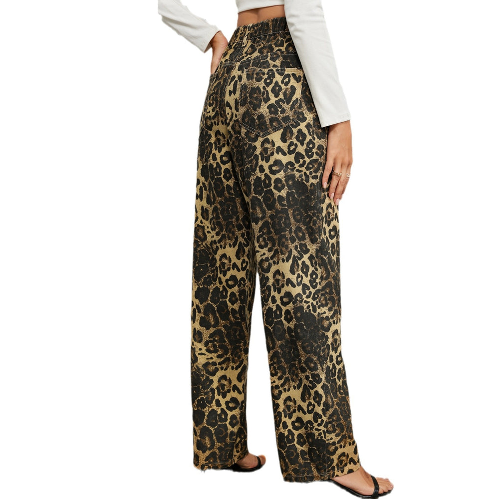 European and american cross-border e-commerce women's autumn new arrivals:  independent site washed wild leopard print denim straight-leg jeans