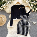 French-inspired knit set for women: winter striped camisole dress + ruffle trim cardigan