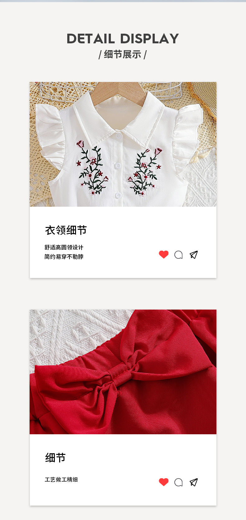Girls' summer outfit set: printed top with peter pan collar and flutter sleeves, red tiered skirt - two-piece set for kids