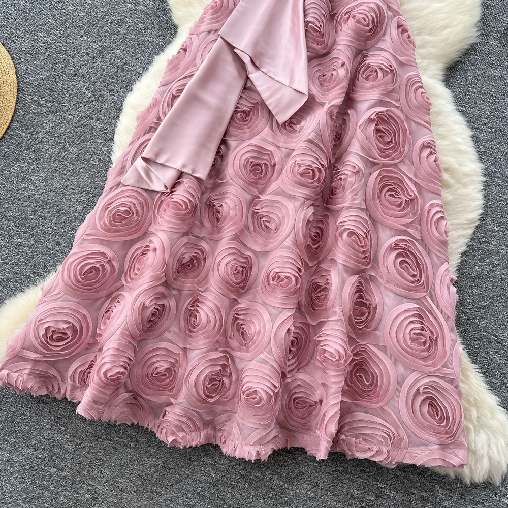 High-end elegant women's dress -  summer french style, heavily embellished 3d floral, cinched waist, sleeveless evening gown maxi dress