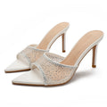 Wo huizhou mesh rhinestone slippers women's stiletto heel summer outdoor wear 2026 new european and american fashion pointed toe versatile