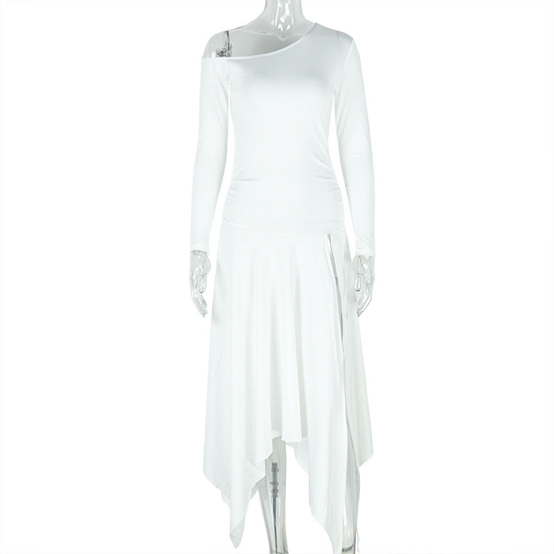 Fashion style exportstylishsilmpure color women's clothing trendy asymmetrical skirt oblique shoulder one-line collar long sleeves mid-length dress