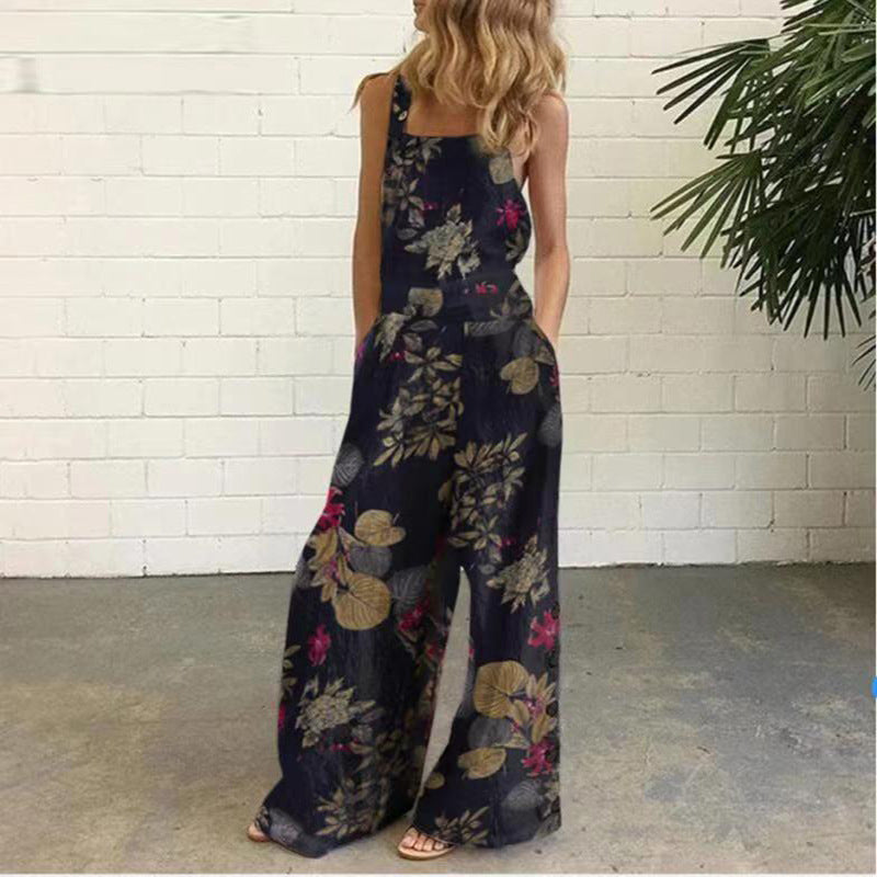 summer cross-border  new european and american fashion digital print loose sleeveless overalls jumpsuit for women