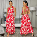 C7790 cross-border  new women's summer halter v-neck printed maxi dress - vacation style, commute-friendly, casual dress