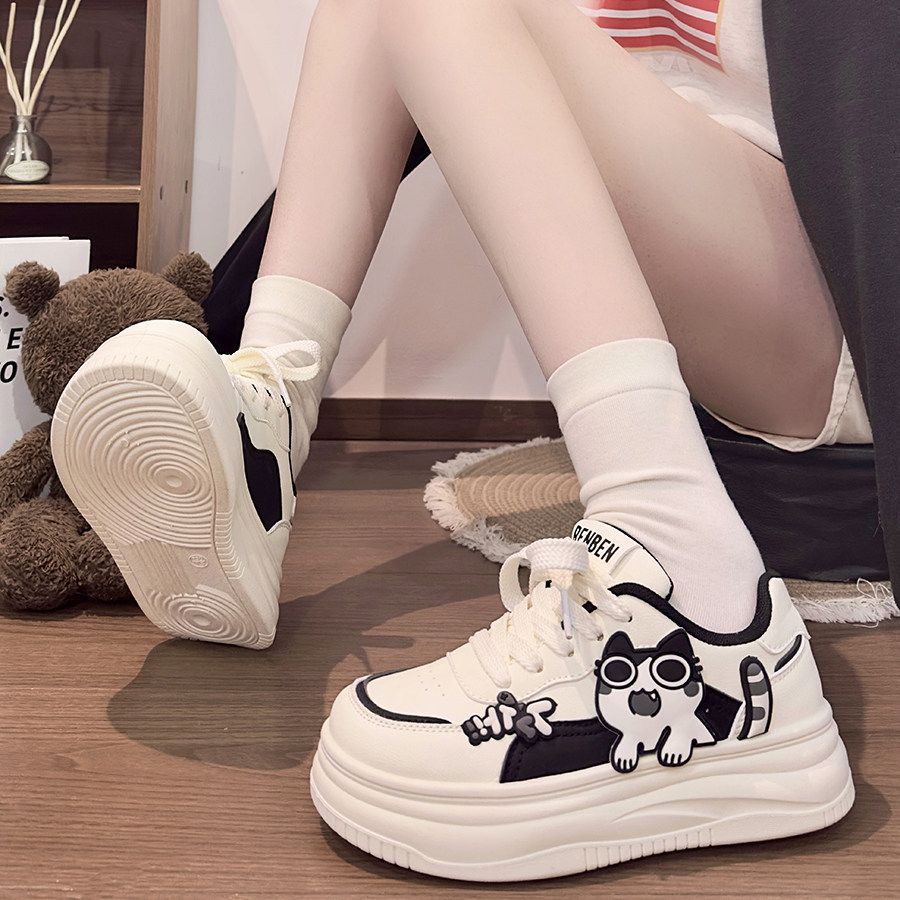 Simple pink women's shoes cute kitten white shoes women  spring and autumn new cartoon student thick solek-style sneakers