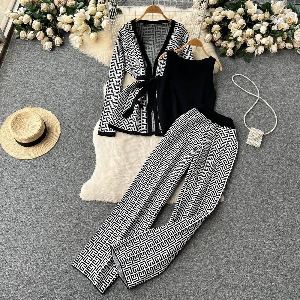 European and american chic casual set: women's shawl cardigan + v-neck knit top + wide-leg pants three-piece outfit