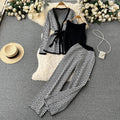 European and american chic casual set: women's shawl cardigan + v-neck knit top + wide-leg pants three-piece outfit