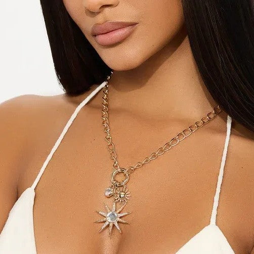 European and american cross-border light luxury high-end sun pendant necklace, personalized diamond-studded chunky chain alloy clavicle chain jewelry for women