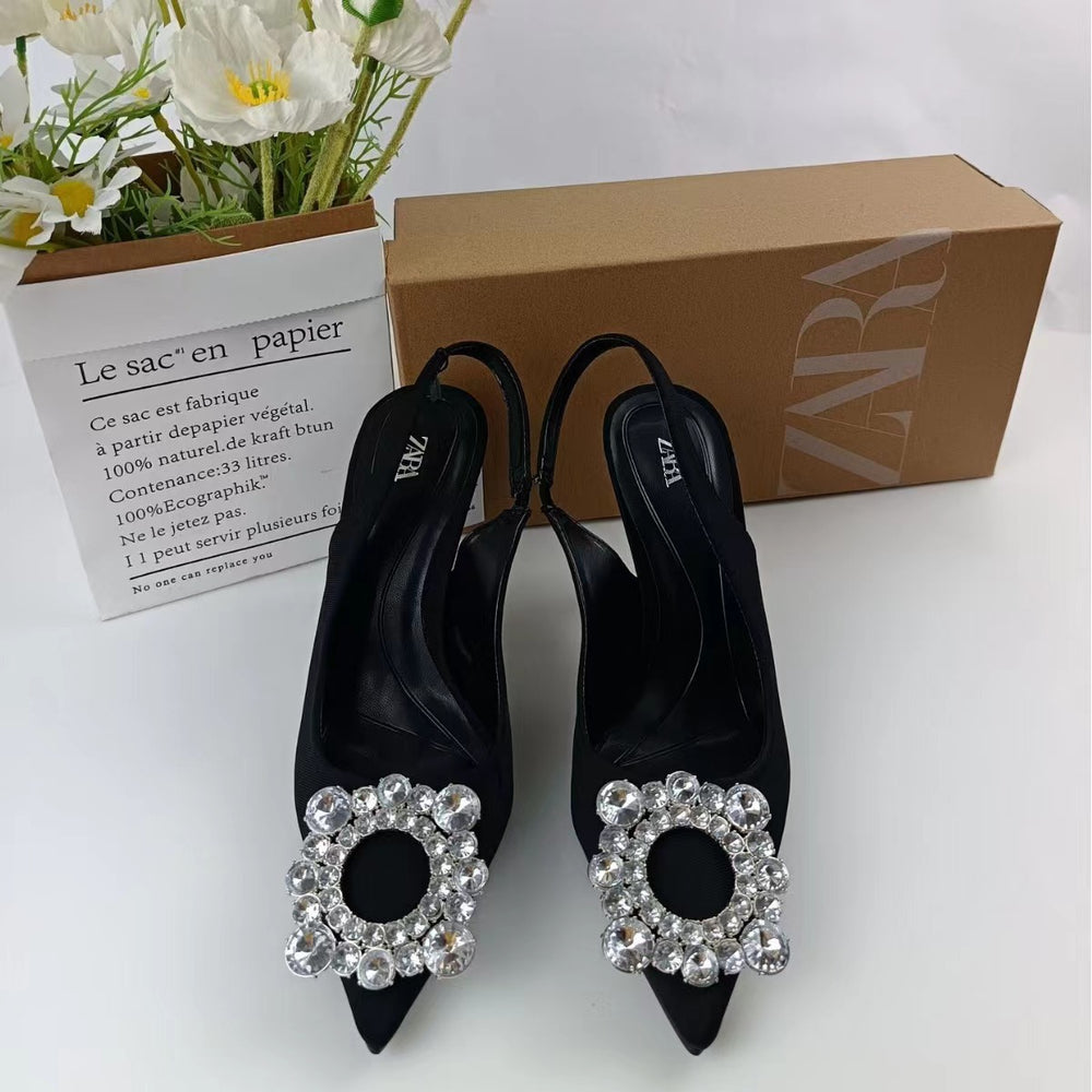 Za new 2024 pointed toe peep-toe high heels women's low-cut pumps ladies' water brick square buckle slingback fashion mules