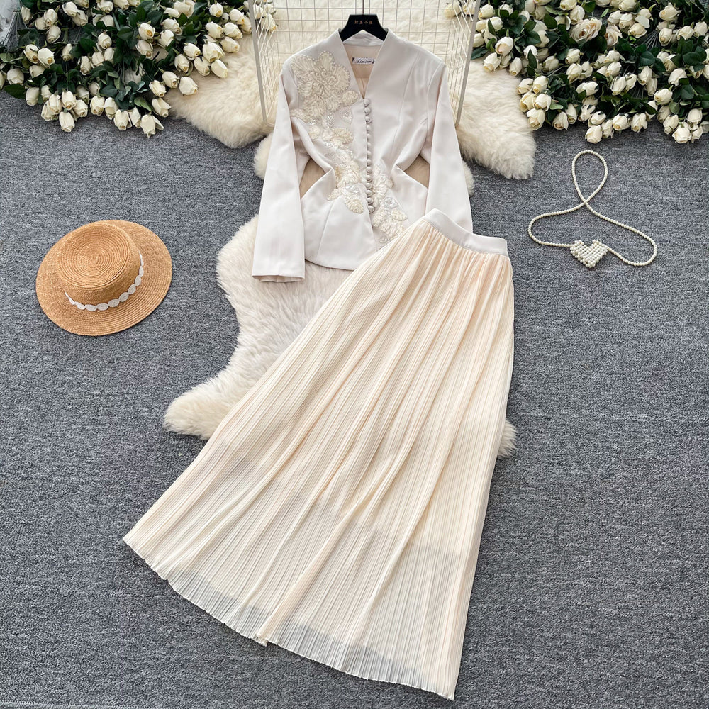 French chic v-neck embroidered jacket & high-waisted pleated skirt set - slimming, elegant, and stylish two-piece outfit for spring and autumn