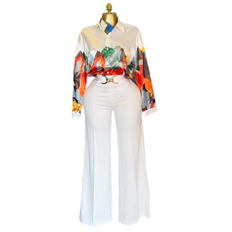 European and american cross-border women's fashion  summer new arrival: elegant turn-down collar, loose-fit printed long-sleeve shirt and wide-leg pants set