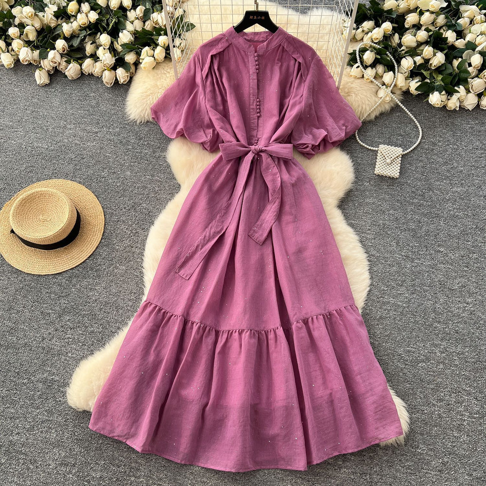 French fashion stand collar lantern sleeve tie-waist dress - slimming, elegant, sparkling ruffle hem maxi dress