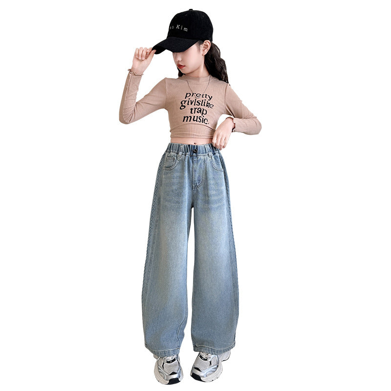 Girls' denim wide-leg pants - spring/autumn  new korean style casual trousers for children and teens - loose fit straight leg jeans