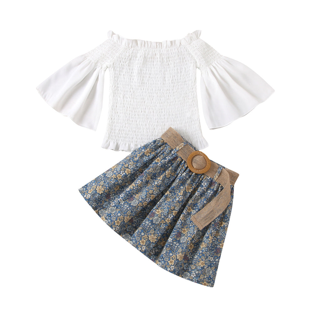 Clear! fashion style girl's pullover shirt with trumpet sleeves + floral print pleated skirt suit green warehouse style