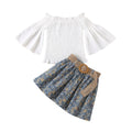 Clear! fashion style girl's pullover shirt with trumpet sleeves + floral print pleated skirt suit green warehouse style