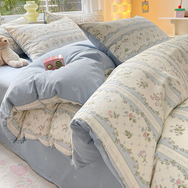 Small fresh cotton four-piece spring flower quilt cover Nantong bed three-piece set of 40 cotton sheets quilt cover 4