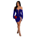 C6803 cross-border   fashion women's solid color velvet sexy pleated mini skirt dress