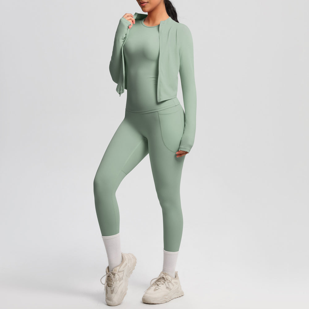 Cloud-soft slim-fit brushed nylon pocket pant set - quick-dry, breathable yoga, running, and fitness activewear three-piece set